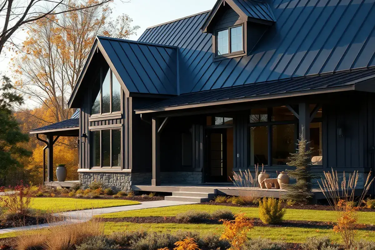 Modern home with dark bronze standing seam roof in Londonderry