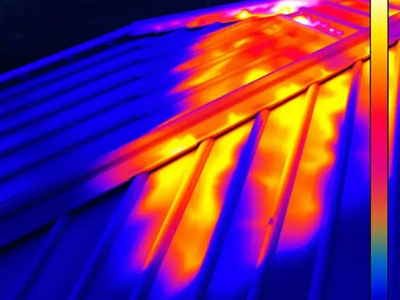 Thermal imaging photo showing roof heat loss patterns